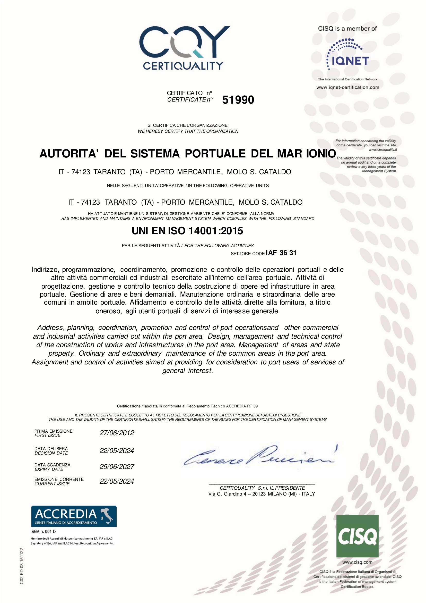 Certificato di Gestione Ambientale ISO 14001:2015 dell'AdSP del Mar Ionio