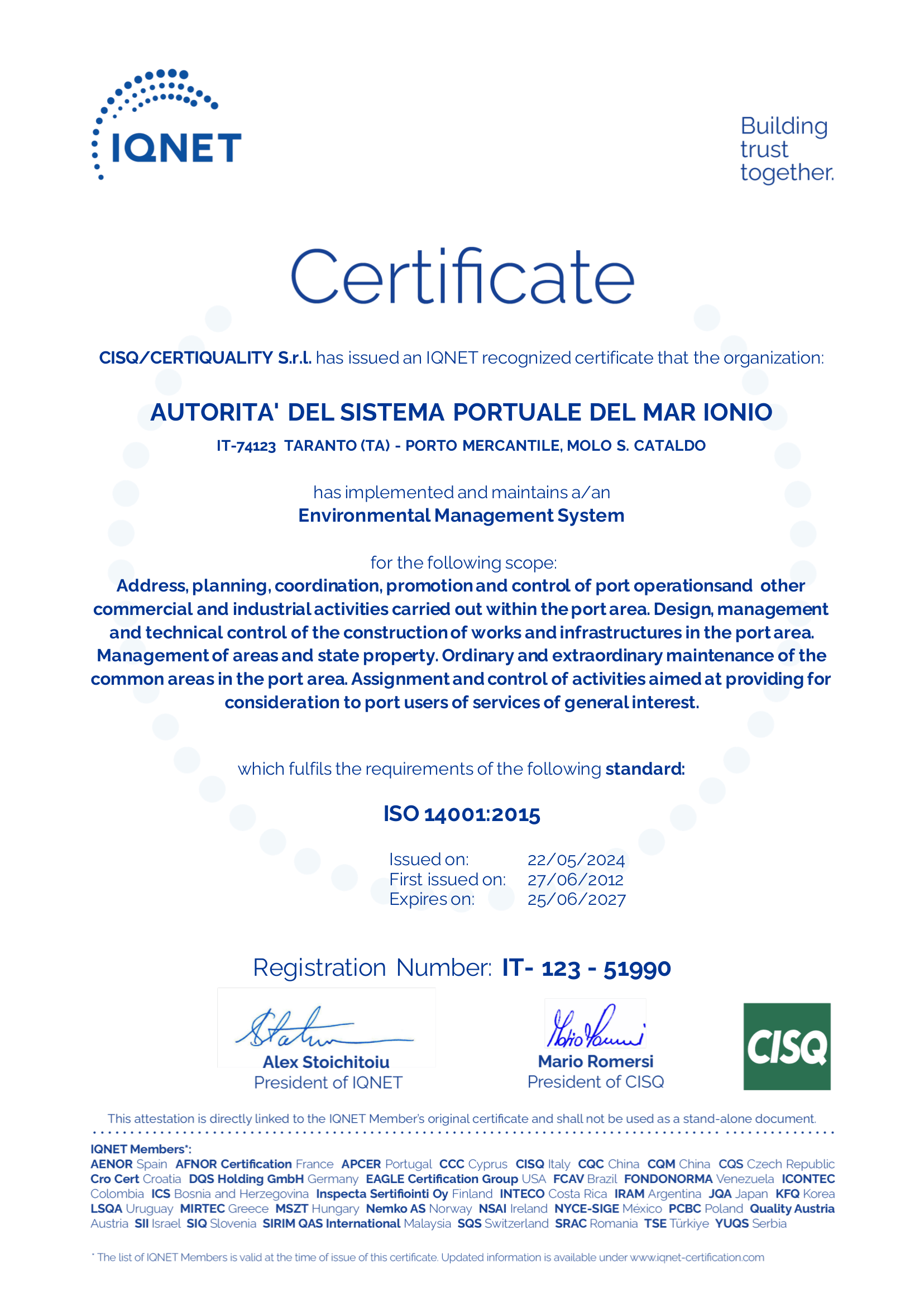Attestato di conformità ambientale emesso da Certiquality
